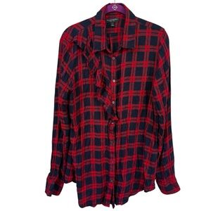 Banana Republic Dillon Plaid Shirt Red Navy Button Front Tall L Cabin Cozy